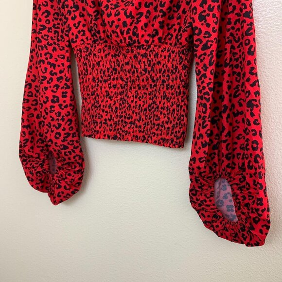 Charlie Holiday Penelope Smocked Leopard-Print Womens Top XS / 2 Red - Picture 4 of 12